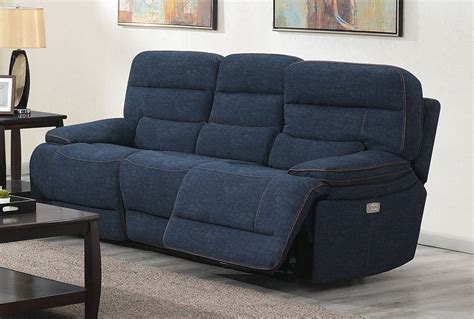 blue fabric power reclining sofa.